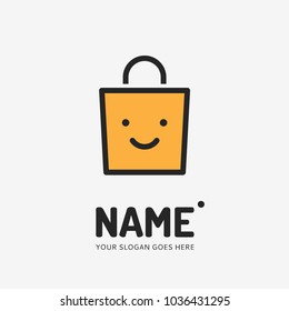 Shopping bag and smiley face. Vector logo design. Business concept icon.