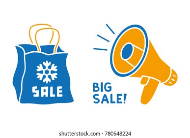 Shopping bag with a snowflake, and big winter sale megaphone icons.