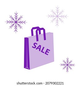 Shopping bag, snowflakes - vector. Christmas sale. Falling prices for the year. Business concept. Winter sale