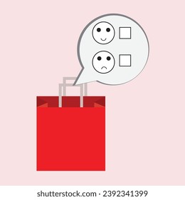 Bolsa de compras con burbuja de habla con cara sonriente y triste, concepto de encuesta de clientes