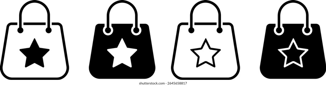 sacola de compras com ícone de estrela. Ícones de compras favoritos. Ícones de loja online. sinal de sacos de papel. representando compras de presente em eventos
