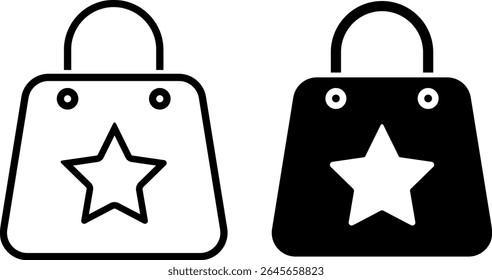 sacola de compras com ícone de estrela. Ícones de compras favoritos. Ícones de loja online. sinal de sacos de papel. representando compras de presente em eventos

