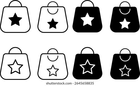 sacola de compras com ícone de estrela. Ícones de compras favoritos. Ícones de loja online. sinal de sacos de papel. representando compras de presente em eventos
