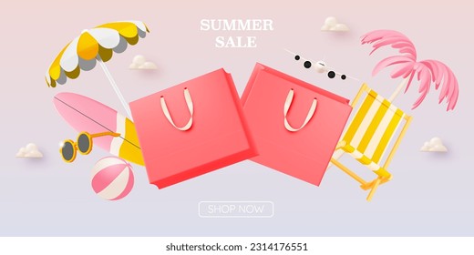 Shopping bag for summer sale banner in 3d art style and beach background  vector illustration