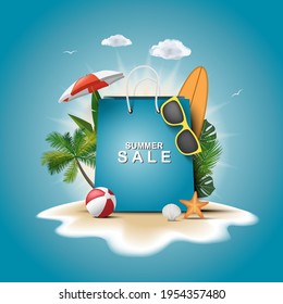 Shopping bag with Sunglasses, Beach ball and surfboard on beach. Summer sale concept. 