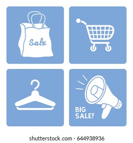 Shopping bag, supermarket cart, coat hanger, megaphone. Sale items vector icons set.