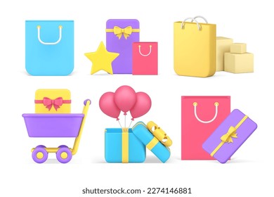 Shopping bag supermarket trolley cart full of present gift Black Friday holiday set 3d icon realistic vector illustration. Store shop festive sale discount cardboard box commercial special offer