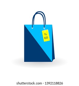 Shopping bag with tag of 60 percent in flat design. Vector graphic illustration.  