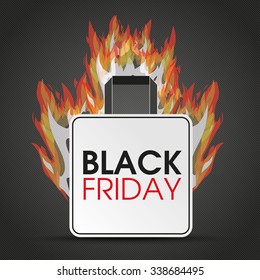 Shopping bag with text black friday and fire on the dark background. Eps 10 vector file.