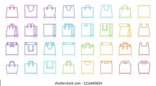 Shopping Bag thin line icon set. Outline vector web sign kit of package. Sale linear icons of paper packet, handle, gift. Simple market handbag color contour symbol with reflection isolated on white