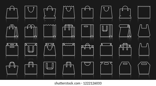 Shopping Bag thin line icons set. Outline web sign package kit. Sale linear icon collection clearance, e-commerce, handbag, shop. Simple packet white contour symbol with reflection vector Illustration