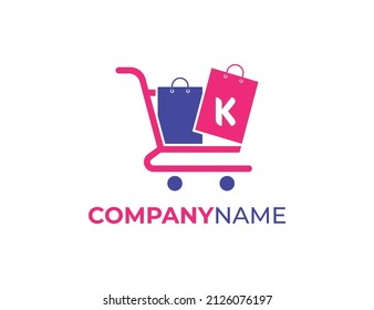 Shopping Bag And Trolley Logo icon symbol with Letter K. Vector logo template