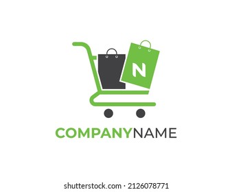 Shopping Bag And Trolley Logo icon symbol with Letter N. Vector logo template