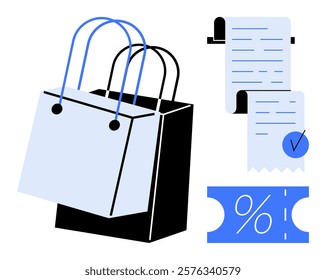 Shopping bag and two receipts next to a discount coupon with a percentage sign in it. Ideal for shopping, retail, discounts, marketing, sales, and consumerism themes. Modern flat style