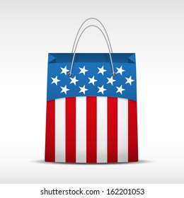 Shopping bag with US flag. Retail business vector object. Service and sale illustration. Symbol isolated and editable.