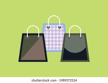 Vector de bolsas de compras, 3 bolsas de compras con diferentes patrones y fondo verde claro, apto para la compra, compra, aplicación, sitio web, tienda online, etc