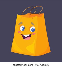Shopping bag vector cute character or mascot in a flat cartoon illustration style. Smiling paper shopping or gift bag isolated. Great also as icon, emoticon or emoji.