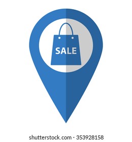 Shopping bag - vector icon; blue map  pointer