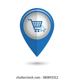 shopping bag - vector icon;  blue map pointer