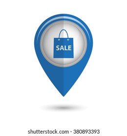shopping bag - vector icon;  blue map pointer