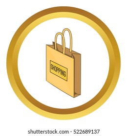 Shopping bag vector icon in golden circle, cartoon style isolated on white background