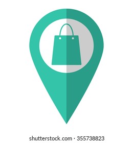 Shopping bag - vector icon;  green map pointer