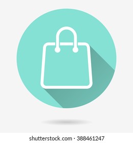 Shopping bag   vector icon with long shadow. White illustration isolated on green background for graphic and web design.  