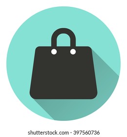 Shopping bag   vector icon with long shadow. White illustration isolated on green background for graphic and web design.  