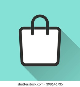 Shopping bag   vector icon with long shadow. White illustration isolated on green background for graphic and web design.  