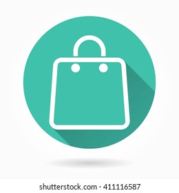 Shopping bag vector icon with long shadow. White illustration isolated on green background for graphic and web design.  