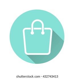 Shopping bag vector icon with long shadow. White illustration isolated on green background for graphic and web design.
