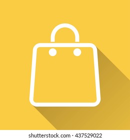 Shopping bag vector icon with long shadow. White illustration isolated on yellow background for graphic and web design.