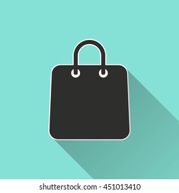 Shopping bag vector icon with long shadow. White illustration isolated on green background for graphic and web design.