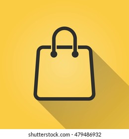 Shopping bag vector icon with long shadow. Black illustration isolated on yellow background for graphic and web design.