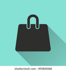 Shopping bag vector icon with long shadow. black Illustration isolated on green background for graphic and web design.