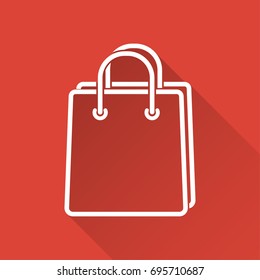 Shopping bag vector icon with long shadow. White illustration isolated on red background for graphic and web design.