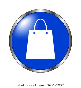 Shopping bag - vector icon on the blue button
