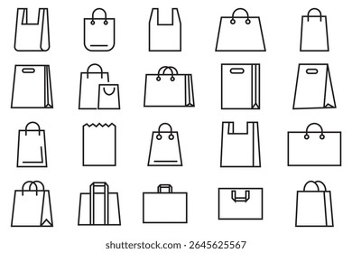Einkaufstasche, Vektorsymbol. Paket-Symbol in Einkaufstasche in Umrissen. Shopper, Papier, Plastiktüte, Öko-Verpackung, Geschenk und mehr. Piktogrammsammlung. Vektorgrafik.