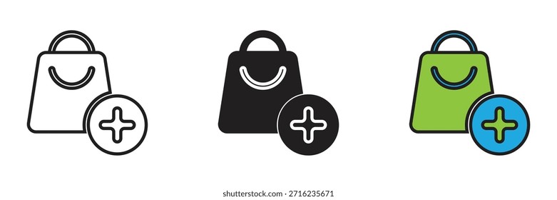 Einkaufstasche Vektorsymbol mit einem Pluszeichen für E-Commerce, Online-Shop, in den Warenkorb legen, und Einzelhandel kaufen Geschäftskonzepte.