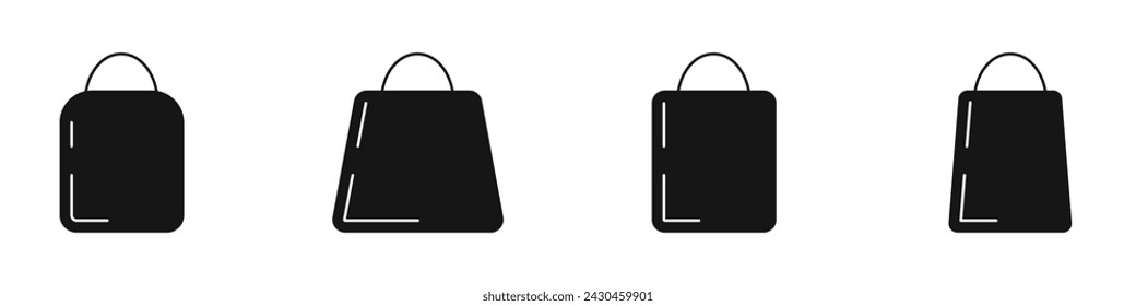 Conjunto de iconos vectoriales de bolsa de compras. Concepto del icono del paquete de compras. Carro de la compra con asas vector. Bolsa de plástico. Pago o cancelación de la compra, repetición de la compra.