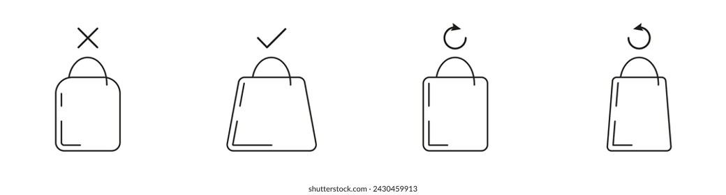 Shopping bag vector icon set. Shopping package icon concept. Shopping cart with handles vector. Plastic tear-off bag. Payment or cancellation of purchase, repeat purchase.