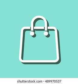 Shopping bag vector icon with shadow. White illustration isolated on green background for graphic and web design.