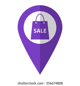 Shopping bag - vector icon;  violet map pointer