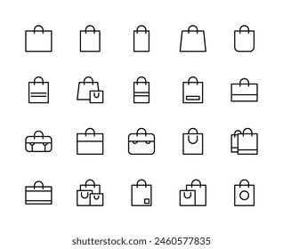 Shopping bag vector linear icons set. Contains such icons as bag with handles, eco-bag, package, handbag, shopping bag, grocery bags and more. Isolated collection of bag icons on white background.