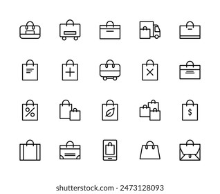 Conjunto de iconos lineales de Vector. Contiene iconos como eco-bag, paquete, bolsa con asas, ventas, paquete, bolso, bolso de compras y más. Colección aislada de los iconos del bolso en el fondo blanco.