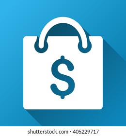 Shopping Bag vector toolbar icon for software design. Style is a white symbol on a square blue background with gradient long shadow.