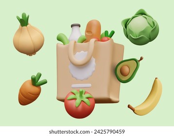 Shopping bag, vegetables, fruits, milk, bread. Color illustration in cartoon style