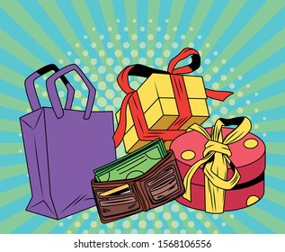 shopping bag and wallet design, Commerce market store retail paying and buying theme Vector illustration