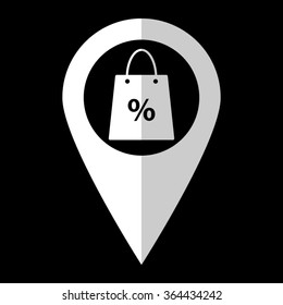 Shopping bag - white vector icon;  map pointer