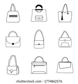 Shopping Bag women Icons. Collection of Black Line Icons Isolated on a White Background. A Vector Illustration